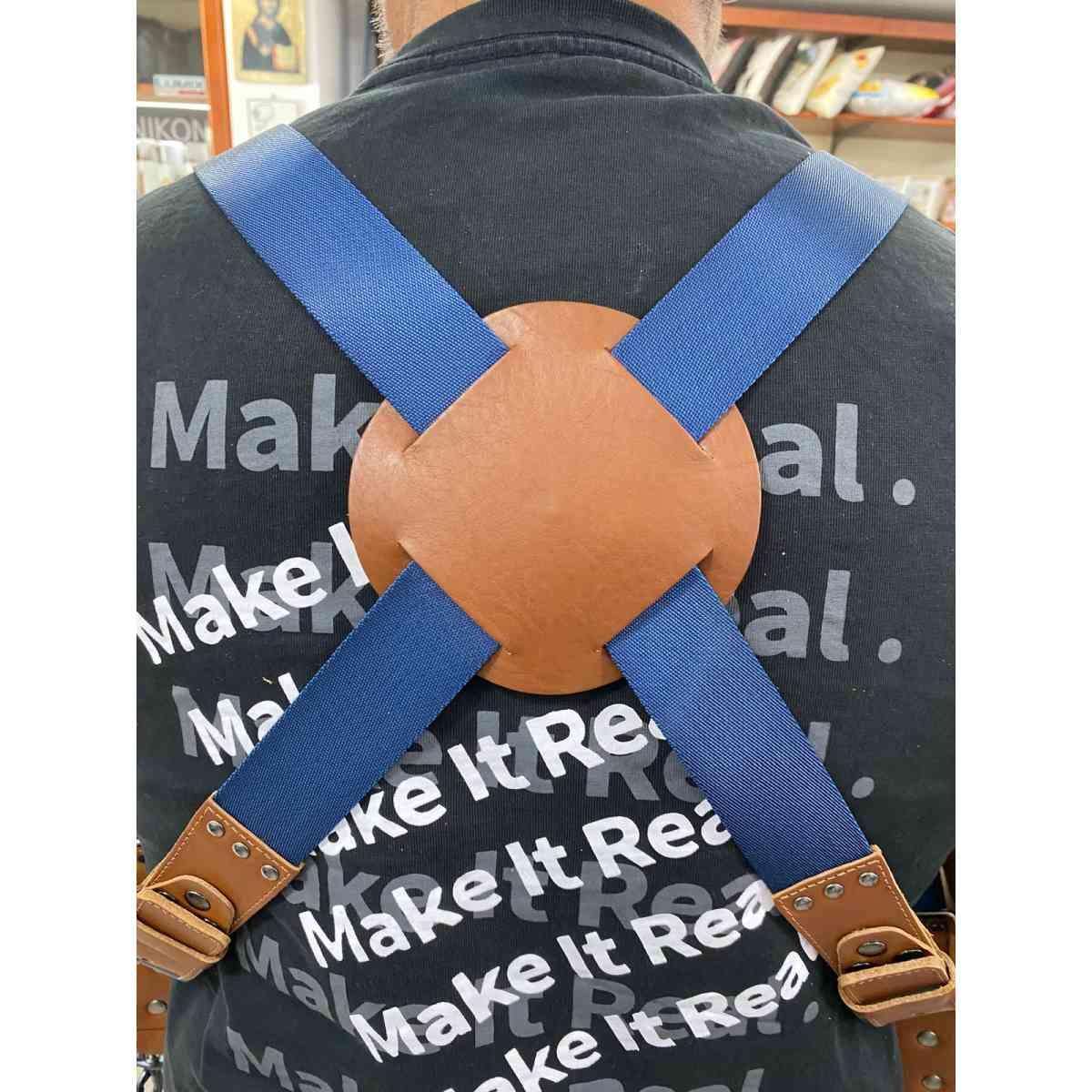 Tracolla NICE ONE Power Easy Doppia, tessuto blu e pelle Cognac