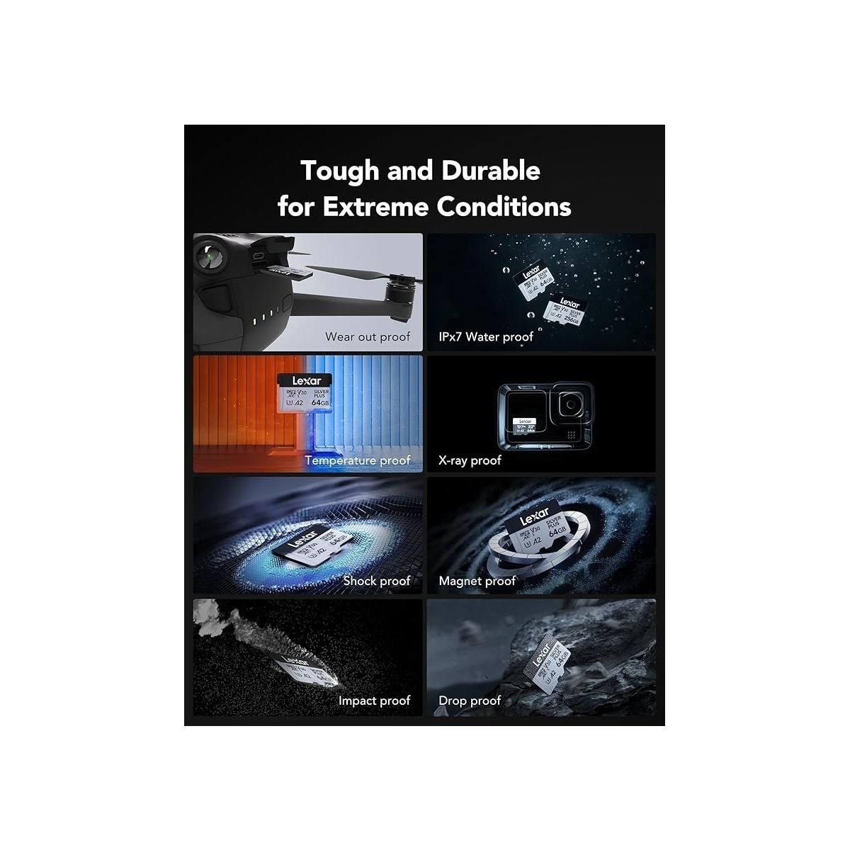 Card lexar microsdxc 64gb bipack silver plus v3 a2 write 100 mb/s read 205 mb/s