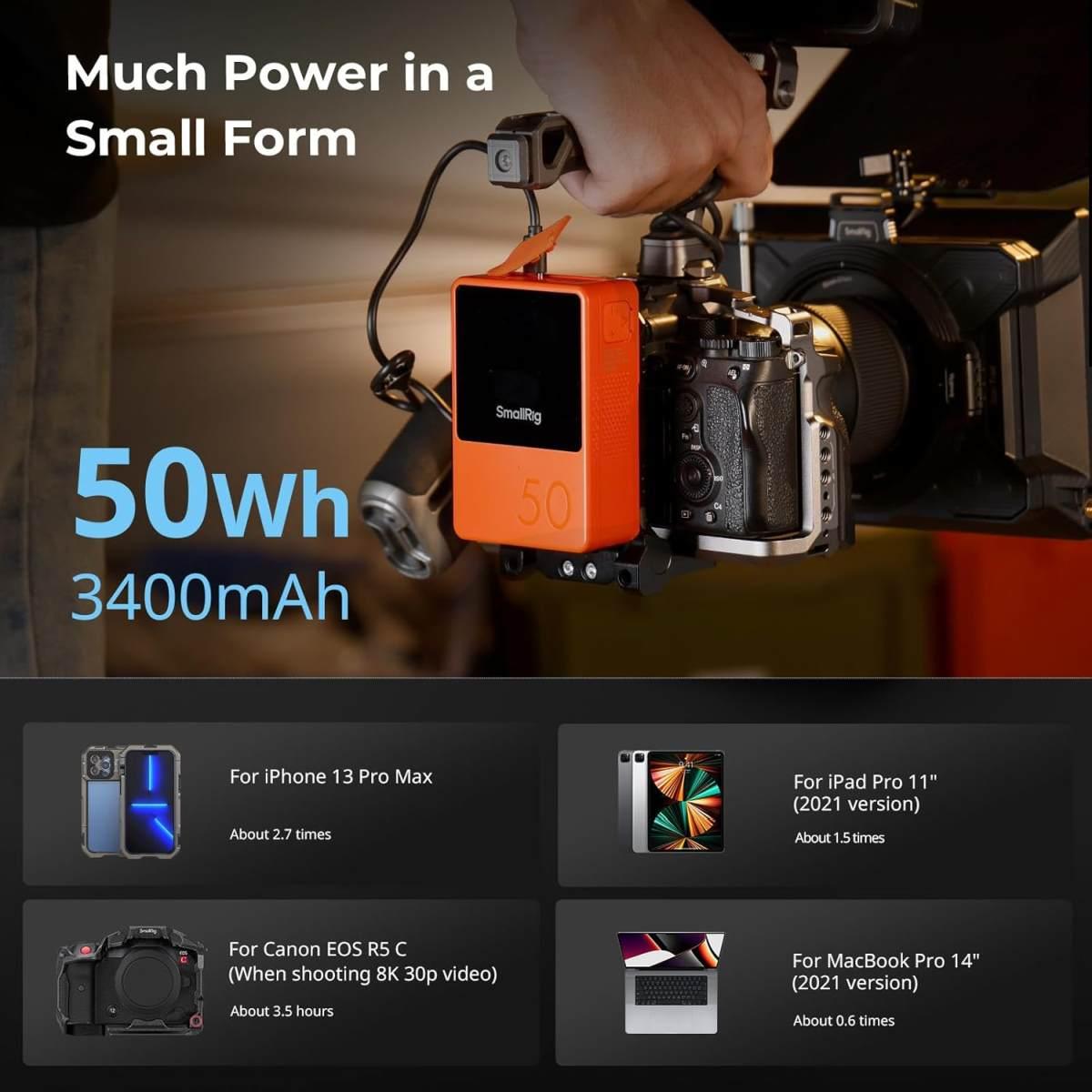 Batteria Smallrig  VB50 V Mount con Display OLED, 3400 mAh Batteria V Lock Portatile con Porta USB-C/USB-A/D-TAP/DC8V/DC12V/BP, 45W Ricarica Rapida PD Bidirezionale, per Camera/Mon