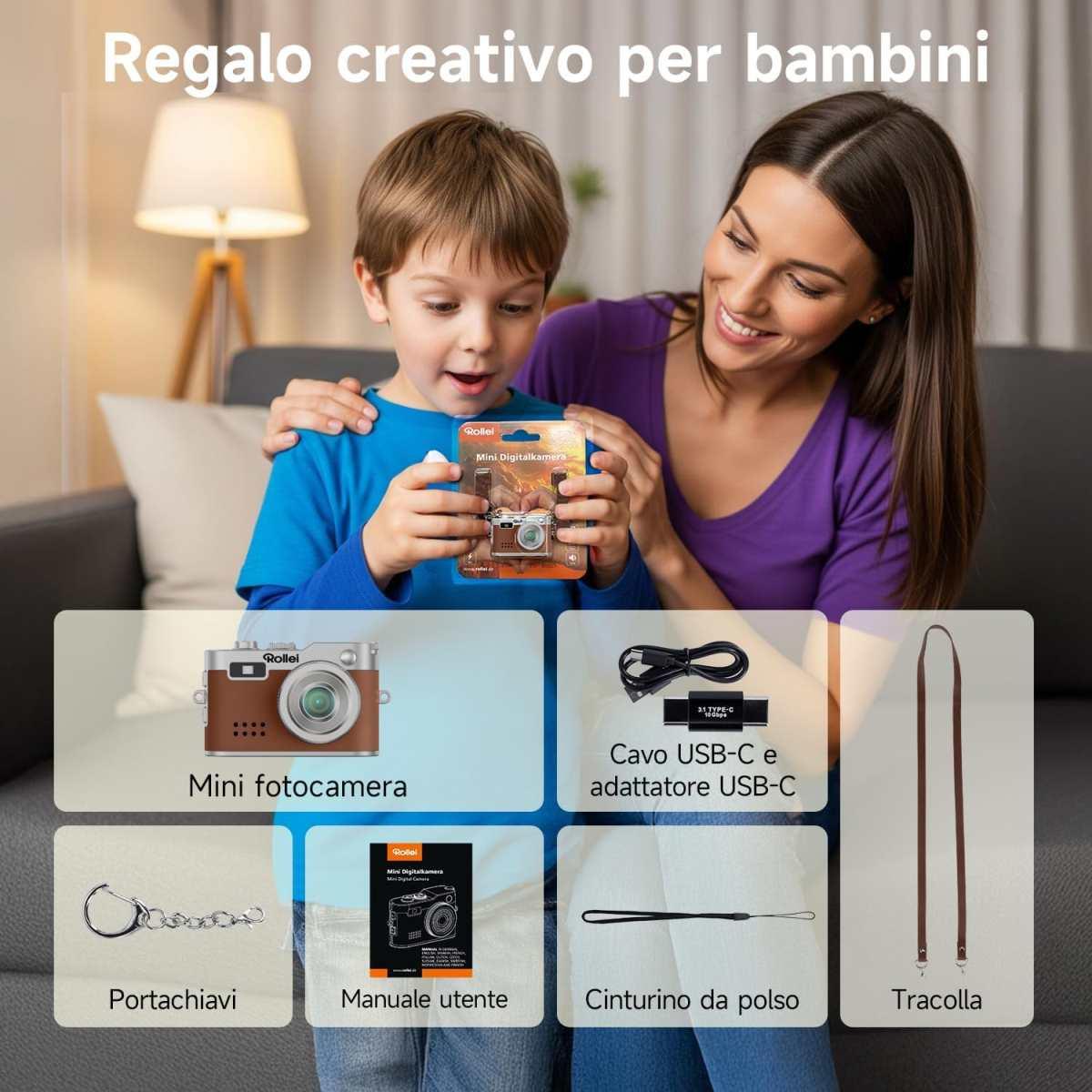 Rollei Mini Fotocamera-Videocamera Digitale Marrone, 1080P HD Piccola Macchina Fotografica Digitale Retrò con 0,96" Schermo a Colori 2MP Cámara Digital Compatta con Flash e Registr