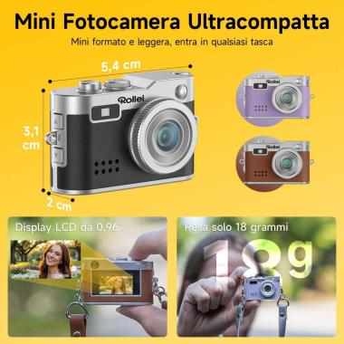 Rollei Mini Fotocamera-Videocamera Digitale Purple, 1080P HD Piccola Macchina Fotografica Digitale Retrò con 0,96" Schermo a Colori 2MP Cámara Digital Compatta con Flash e Registra