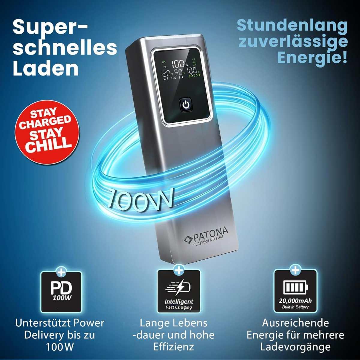 Patona platinum powerbank luxury one pd100w 20.000mah 2xusb-c pd3.0 1xusb-a