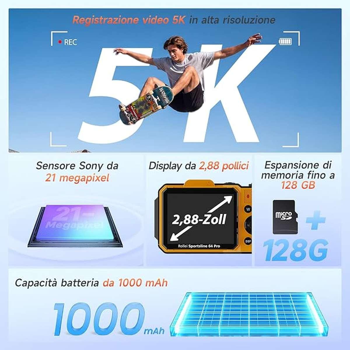 Macchina Fotografica Subacquea, Rollei Sportsline 64 Pro Fotocamera Subacquea Digitale 5K 64MP Telecamera Impermeabile con Sensore Sony 21MP Zoom Digitale 18X per Snorkeling Immers