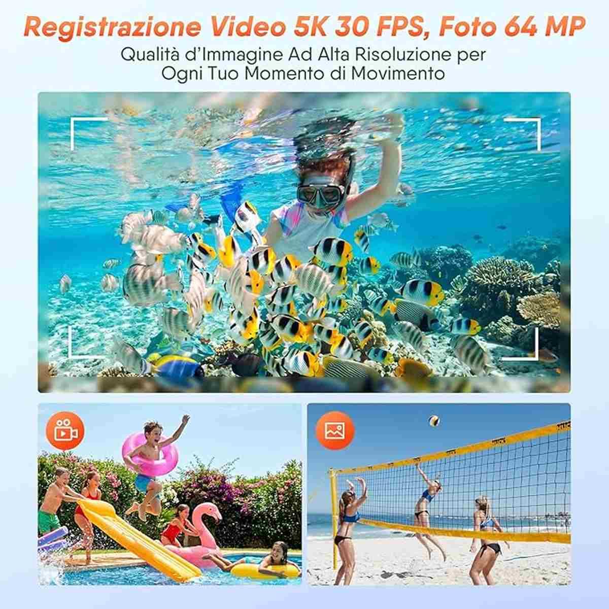 Macchina Fotografica Subacquea, Rollei Sportsline 64 Pro Fotocamera Subacquea Digitale 5K 64MP Telecamera Impermeabile con Sensore Sony 21MP Zoom Digitale 18X per Snorkeling Immers