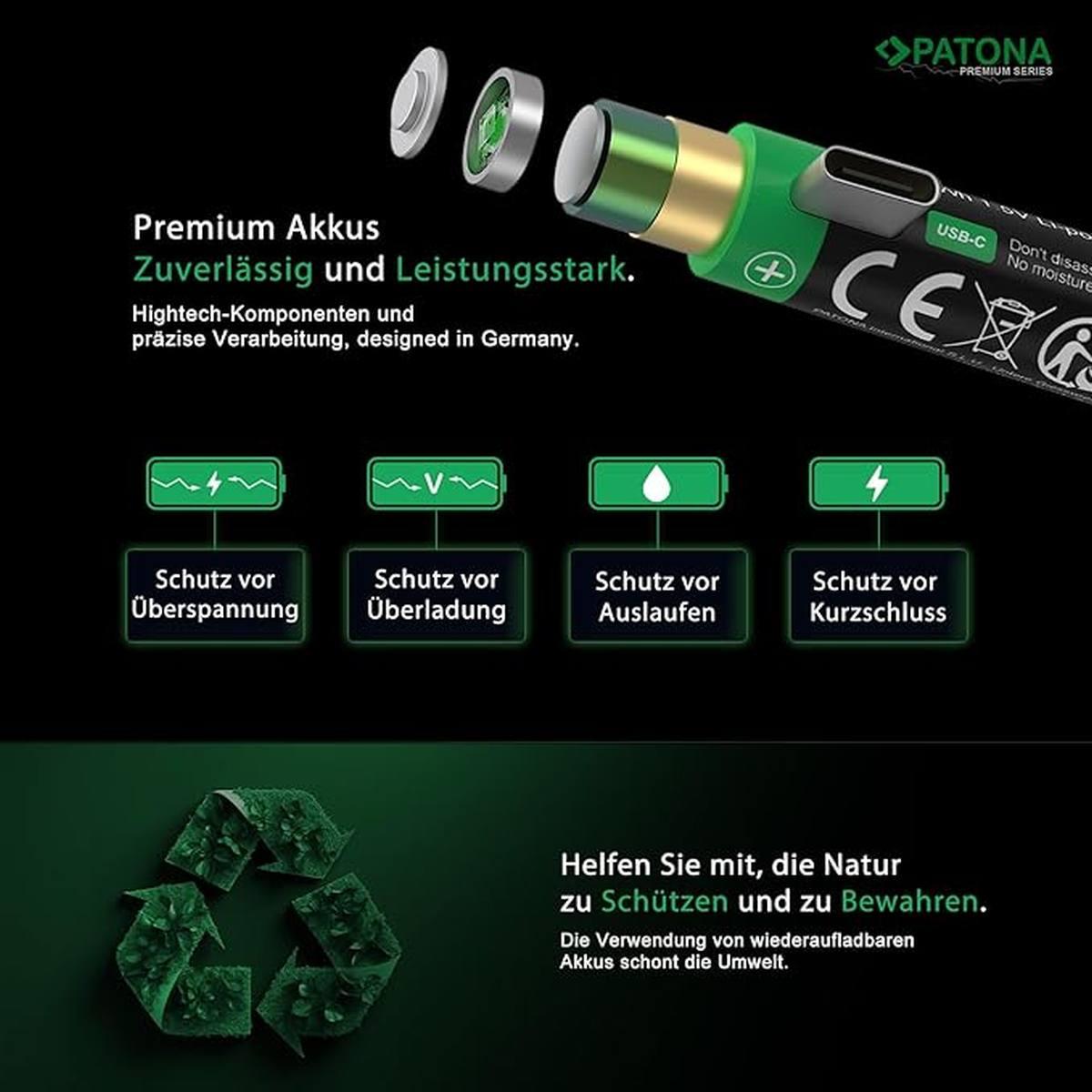 BATTERIA PATONA Batterie AAA Micro USB-C (confezione da 4), 1,5 V/750 mWh, 500 mAh, ricaricabili tramite USB-C (100 mA), cavo di ricarica USB-C con 2 porte