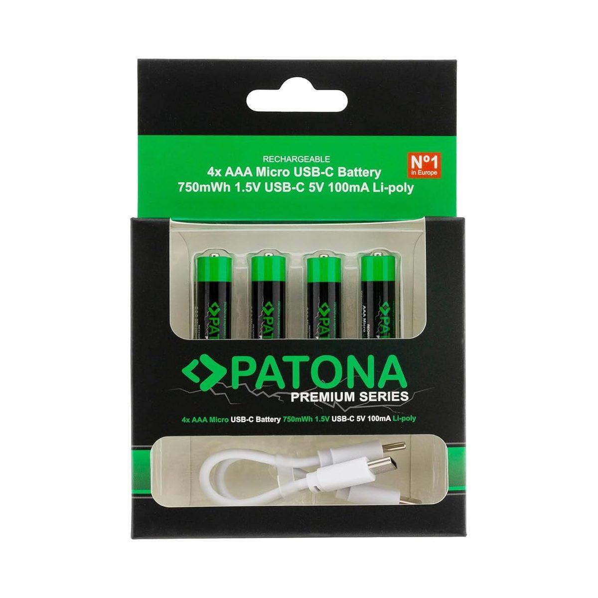BATTERIA PATONA Batterie AAA Micro USB-C (confezione da 4), 1,5 V/750 mWh, 500 mAh, ricaricabili tramite USB-C (100 mA), cavo di ricarica USB-C con 2 porte