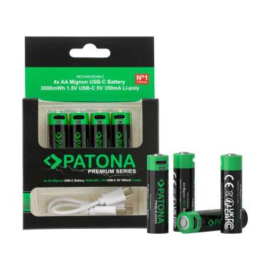BATTERIA PATONA Batterie AA Micro USB-C (confezione da 4), 1,5 V/750 mWh, 500 mAh, ricaricabili tramite USB-C (100 mA), cavo di ricarica USB-C con 2 porte